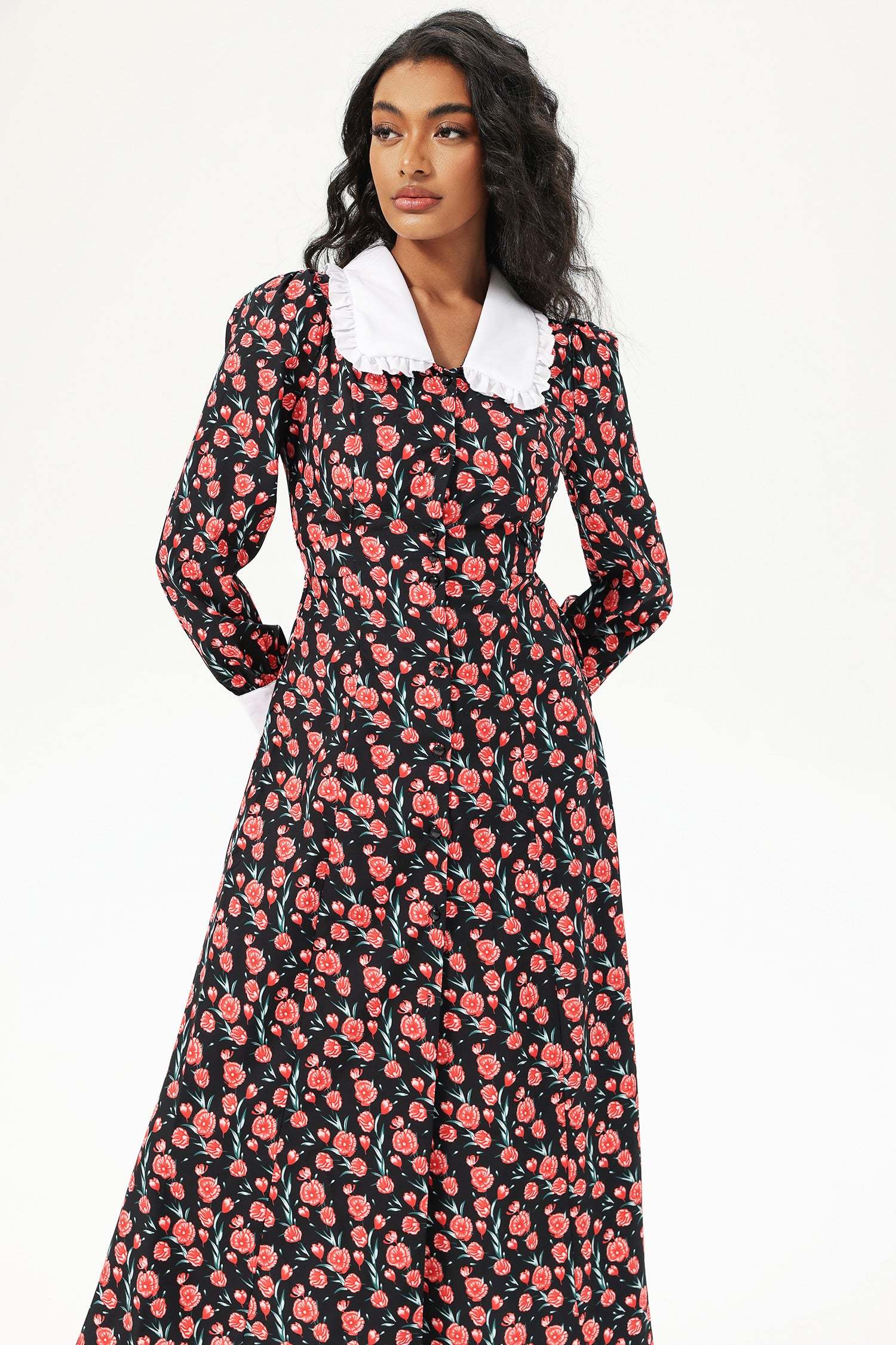 Floral Long Sleeve Doll Collar Buttoned Midi Dress Black