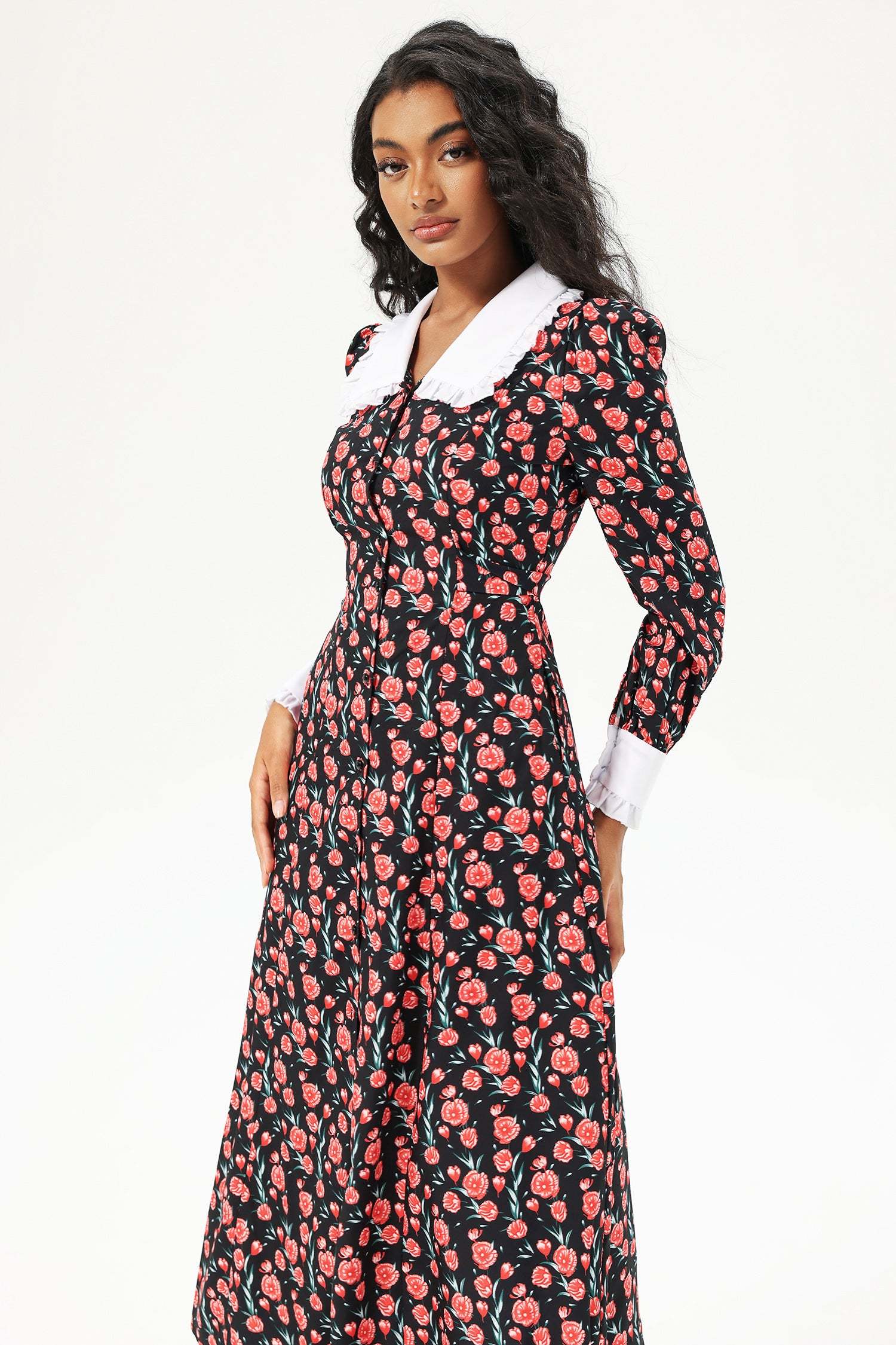 Floral Long Sleeve Doll Collar Buttoned Midi Dress Black