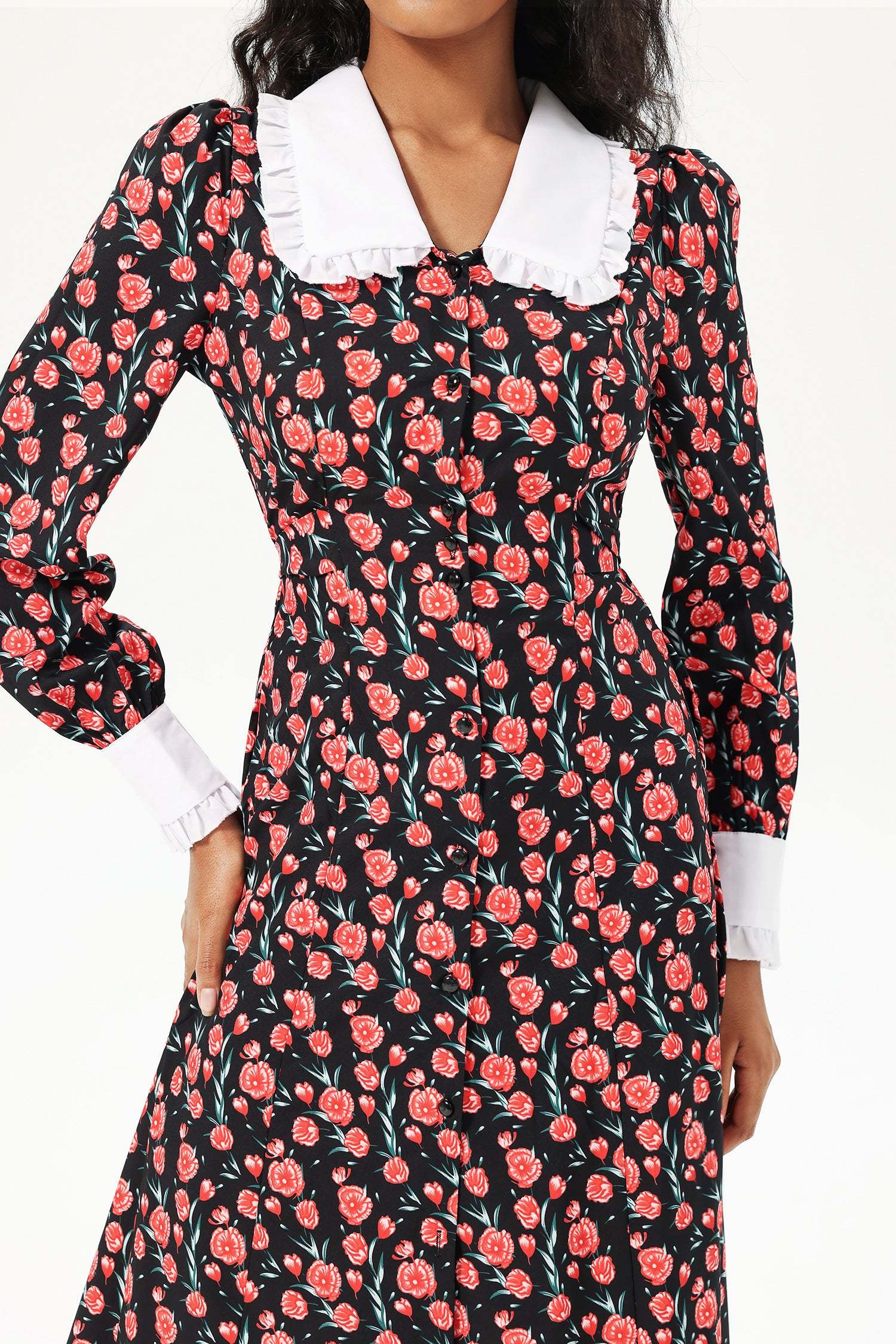 Floral Long Sleeve Doll Collar Buttoned Midi Dress Black