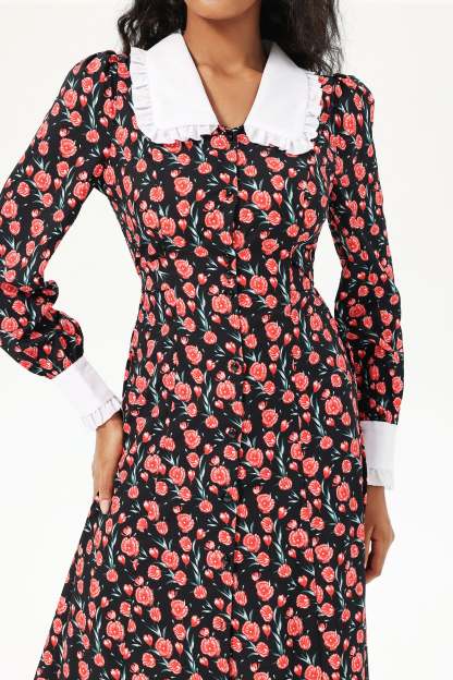 Floral Long Sleeve Doll Collar Buttoned Midi Dress Black