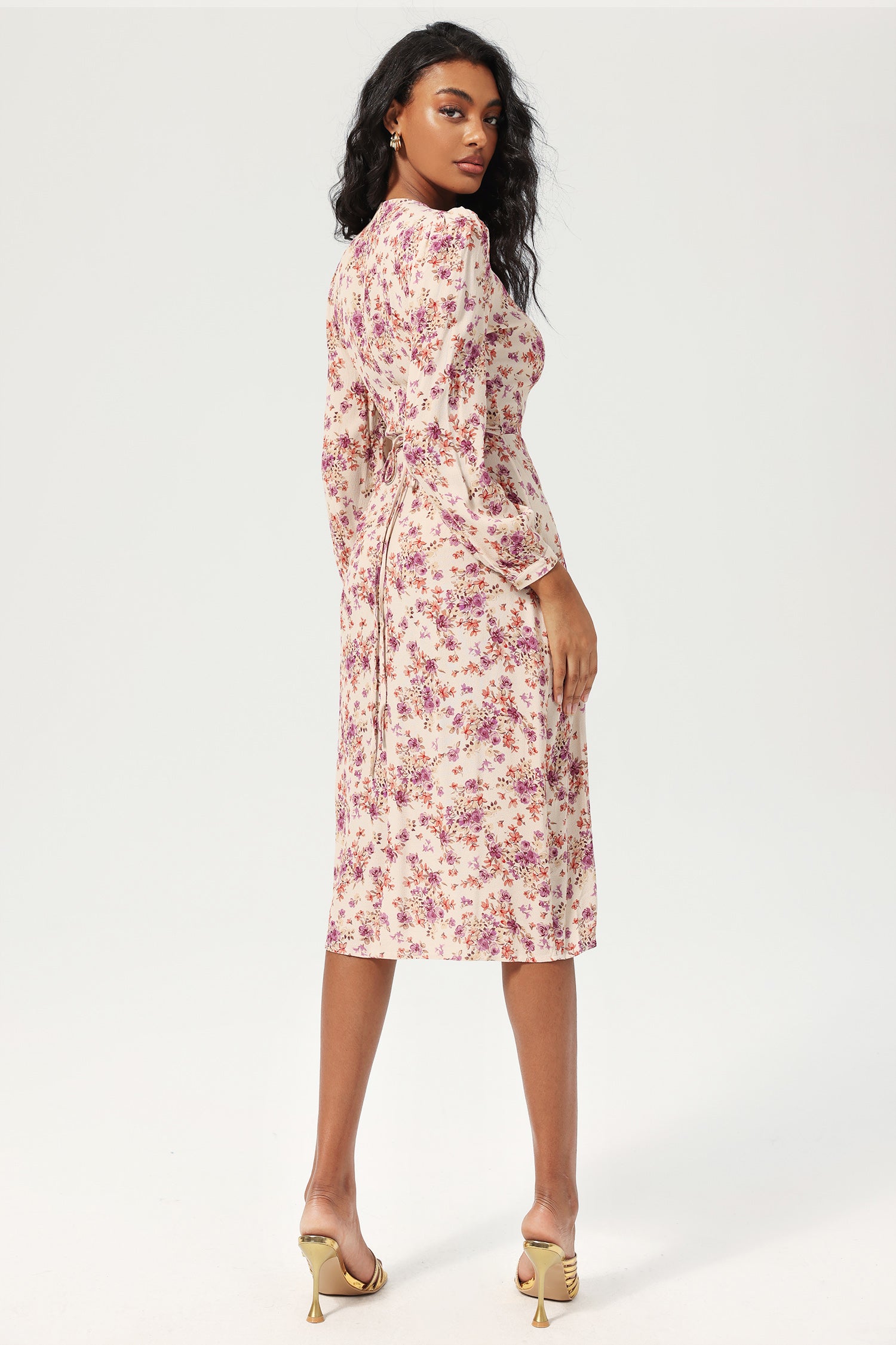 Floral Long Sleeve V-Neck Buttoned Lace Up Slit Midi Dress Purple