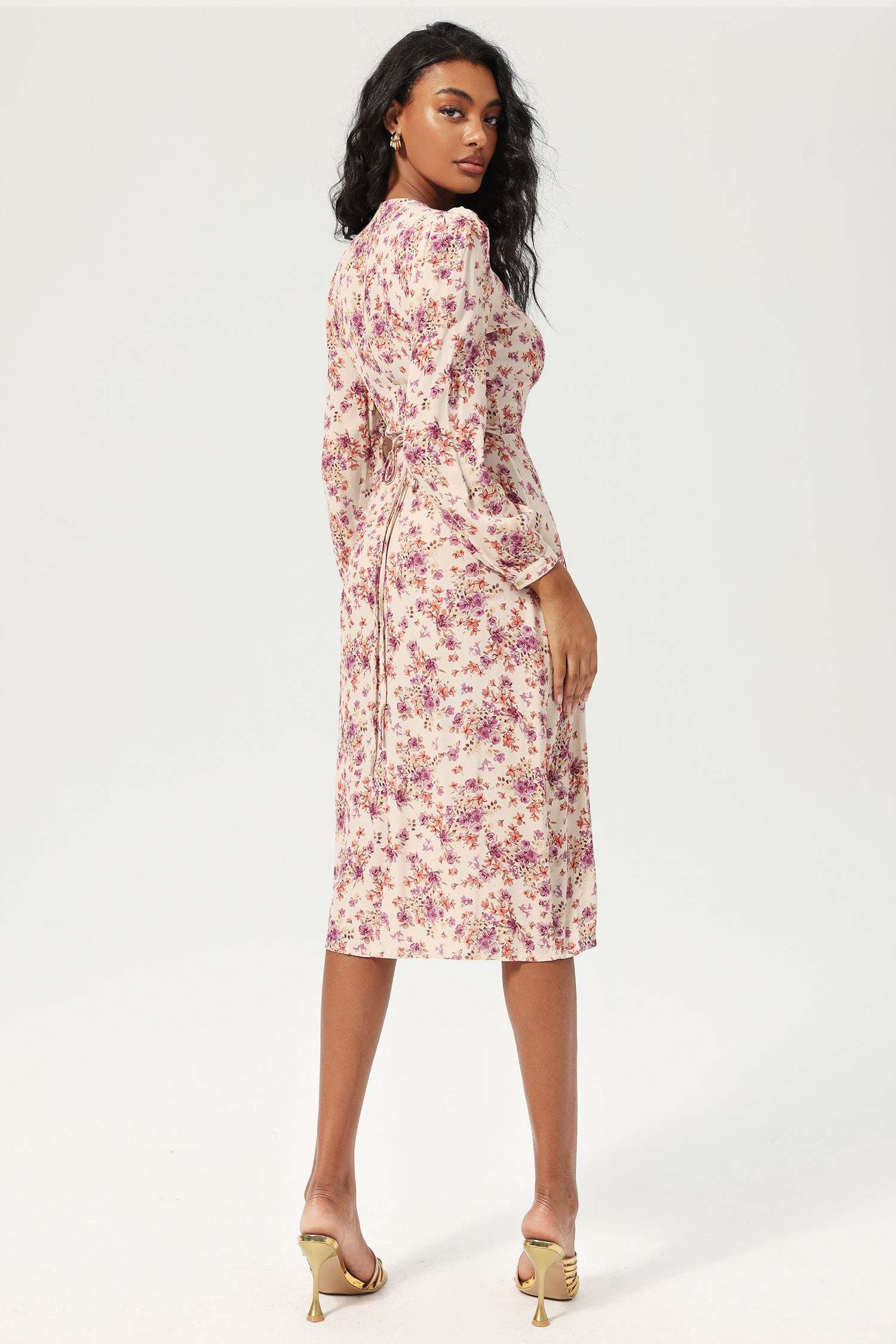 Floral Long Sleeve V-Neck Buttoned Lace Up Slit Midi Dress Purple