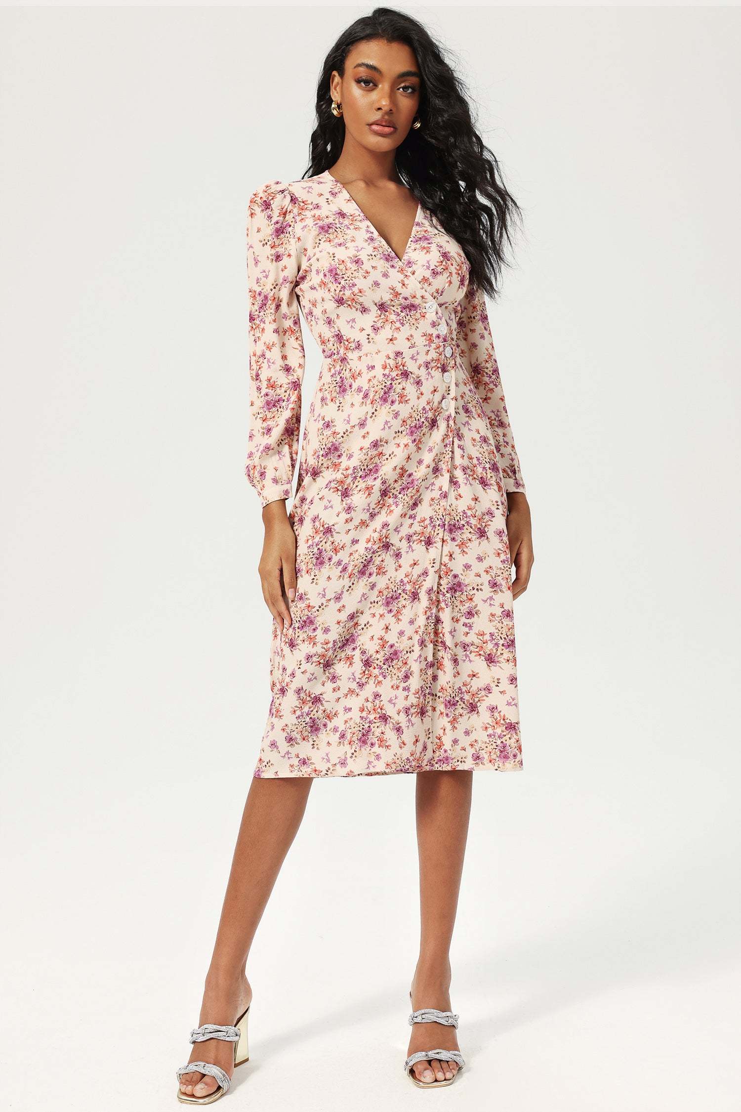 Floral Long Sleeve V-Neck Buttoned Lace Up Slit Midi Dress Purple