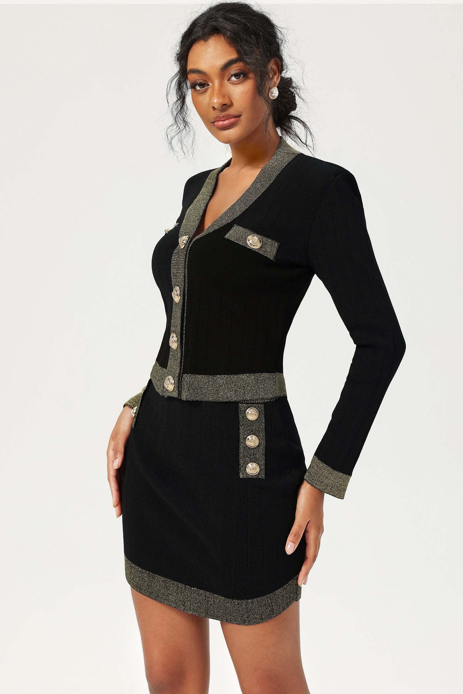 Long Sleeve Buckle Skirt Knit Two-piece Set Black