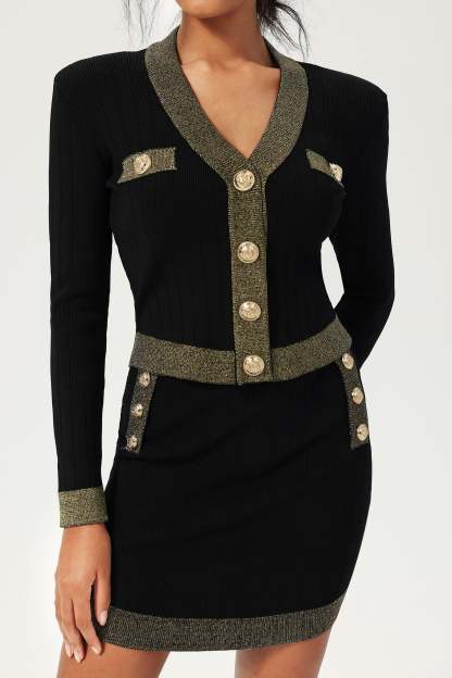 Long Sleeve Buckle Skirt Knit Two-piece Set Black