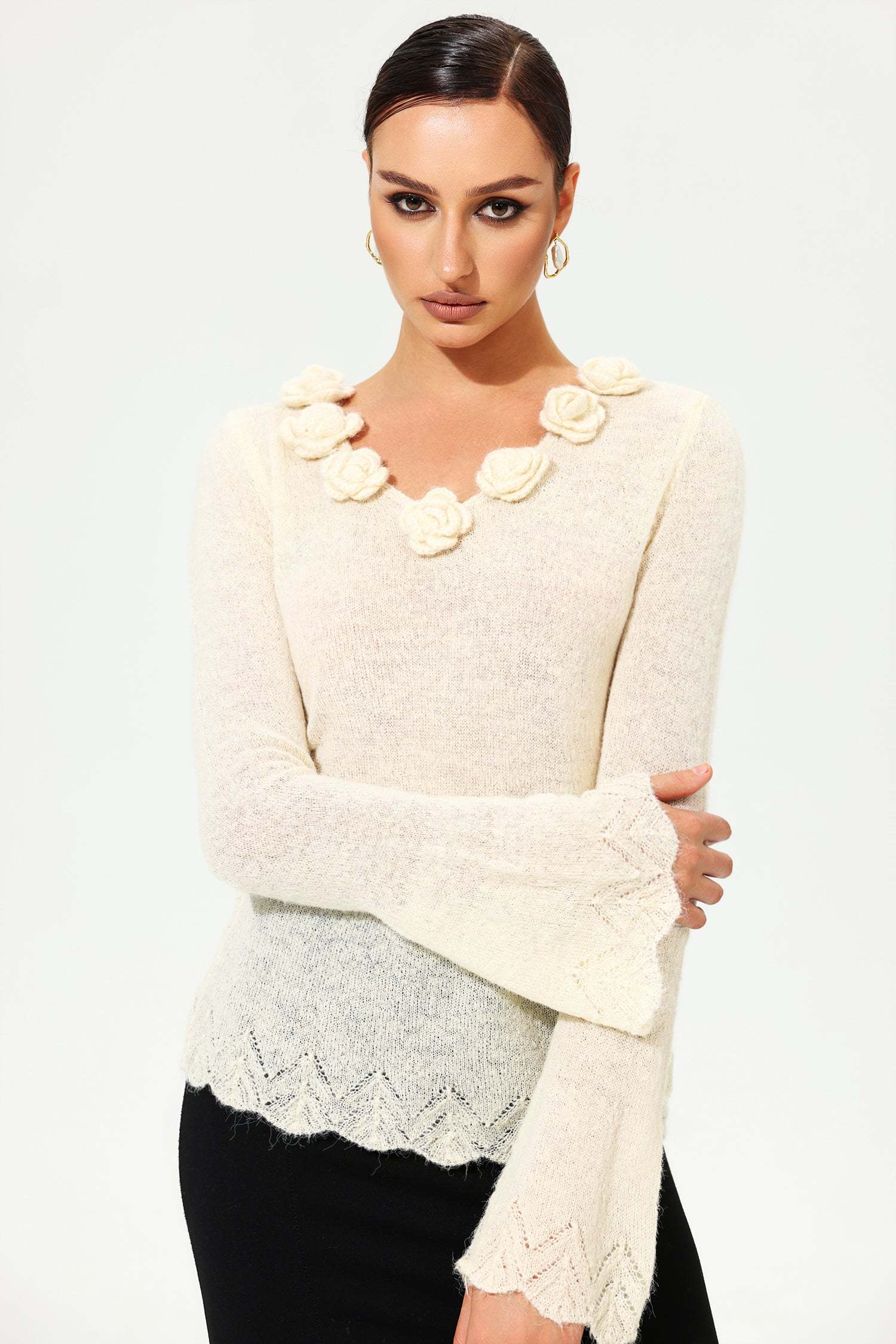 Flared Sleeve V-Neck Knit Top