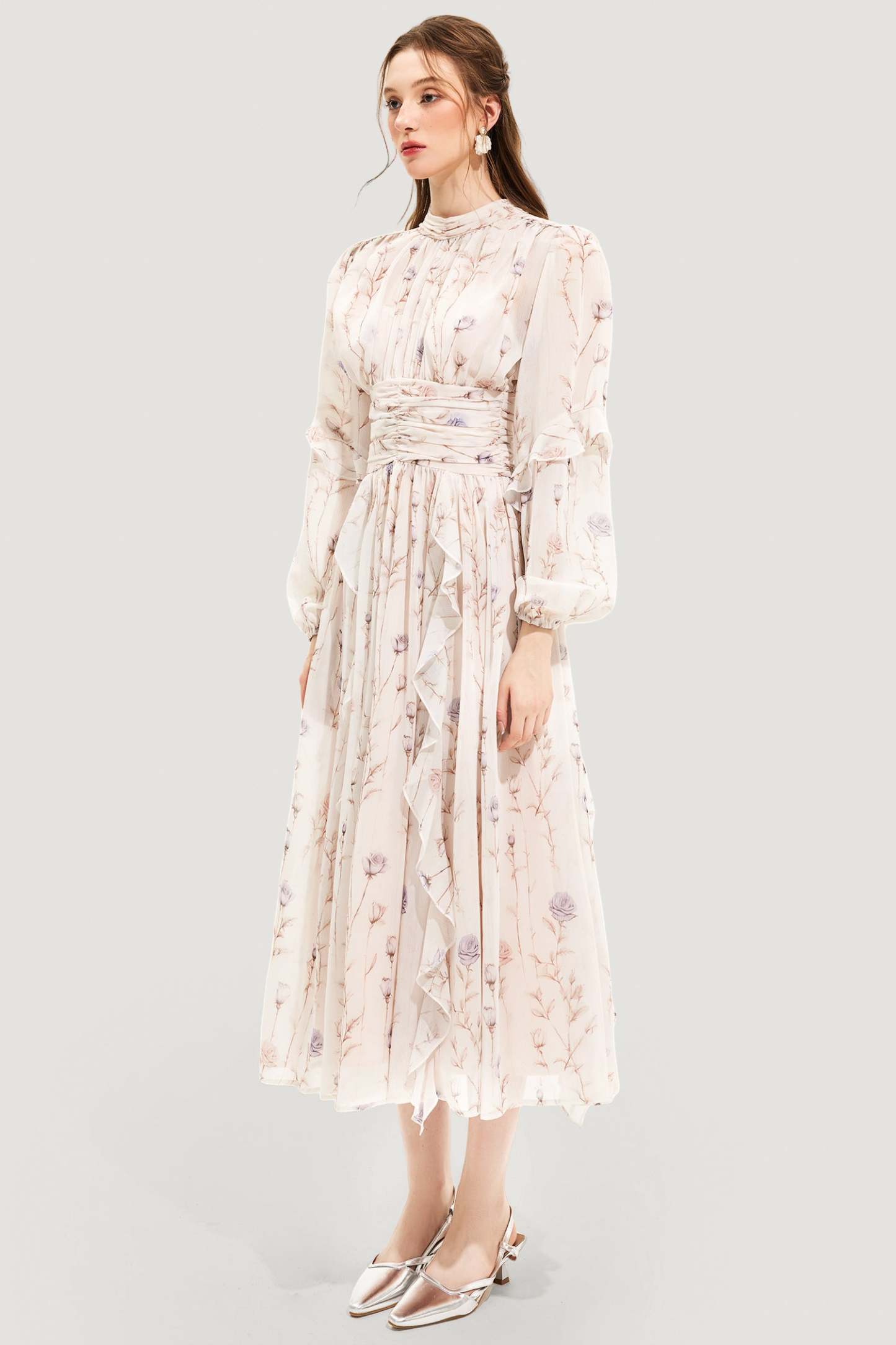 Floral Round Neck Puff Sleeve Midi Dress