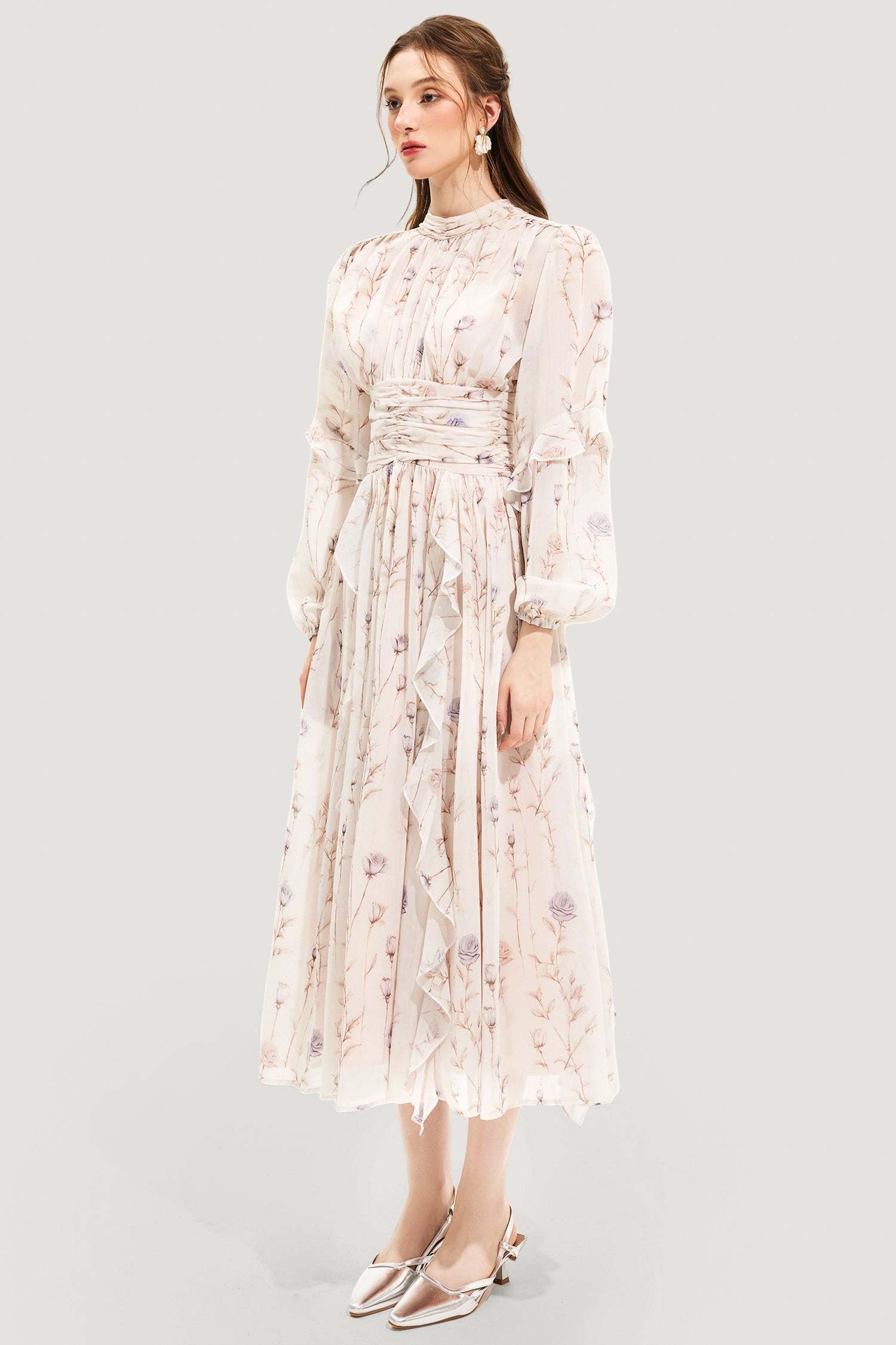 Floral Round Neck Puff Sleeve Midi Dress