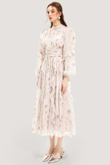 Floral Round Neck Puff Sleeve Midi Dress