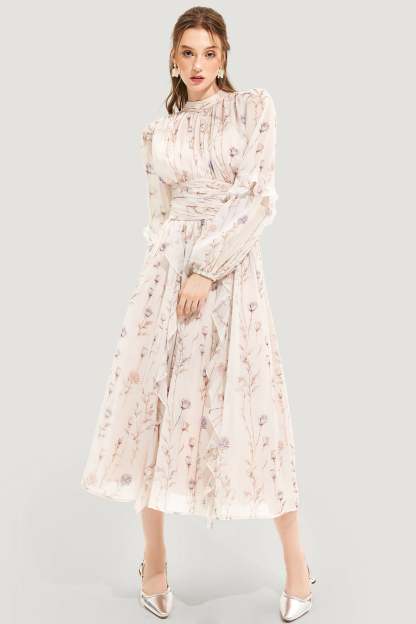 Floral Round Neck Puff Sleeve Midi Dress
