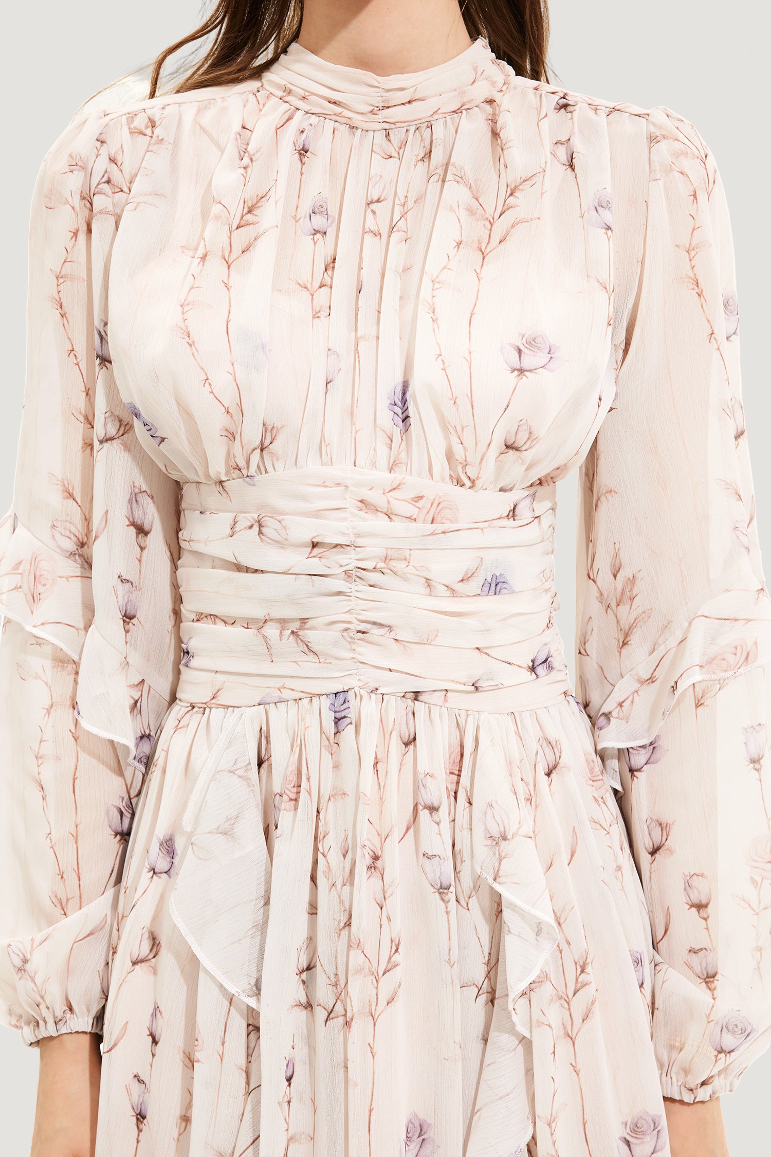 Floral Round Neck Puff Sleeve Midi Dress