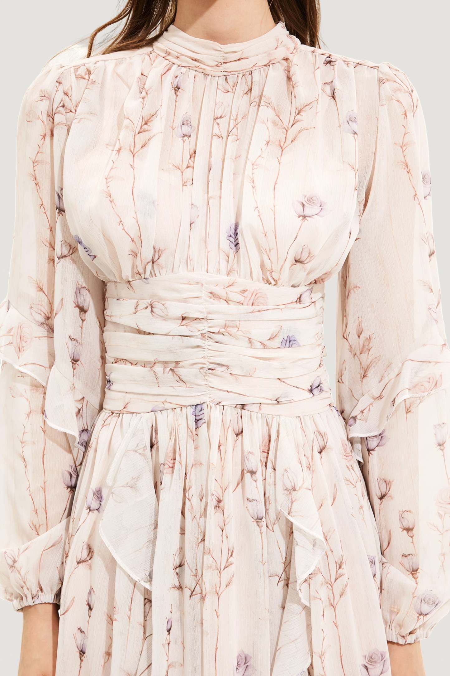 Floral Round Neck Puff Sleeve Midi Dress