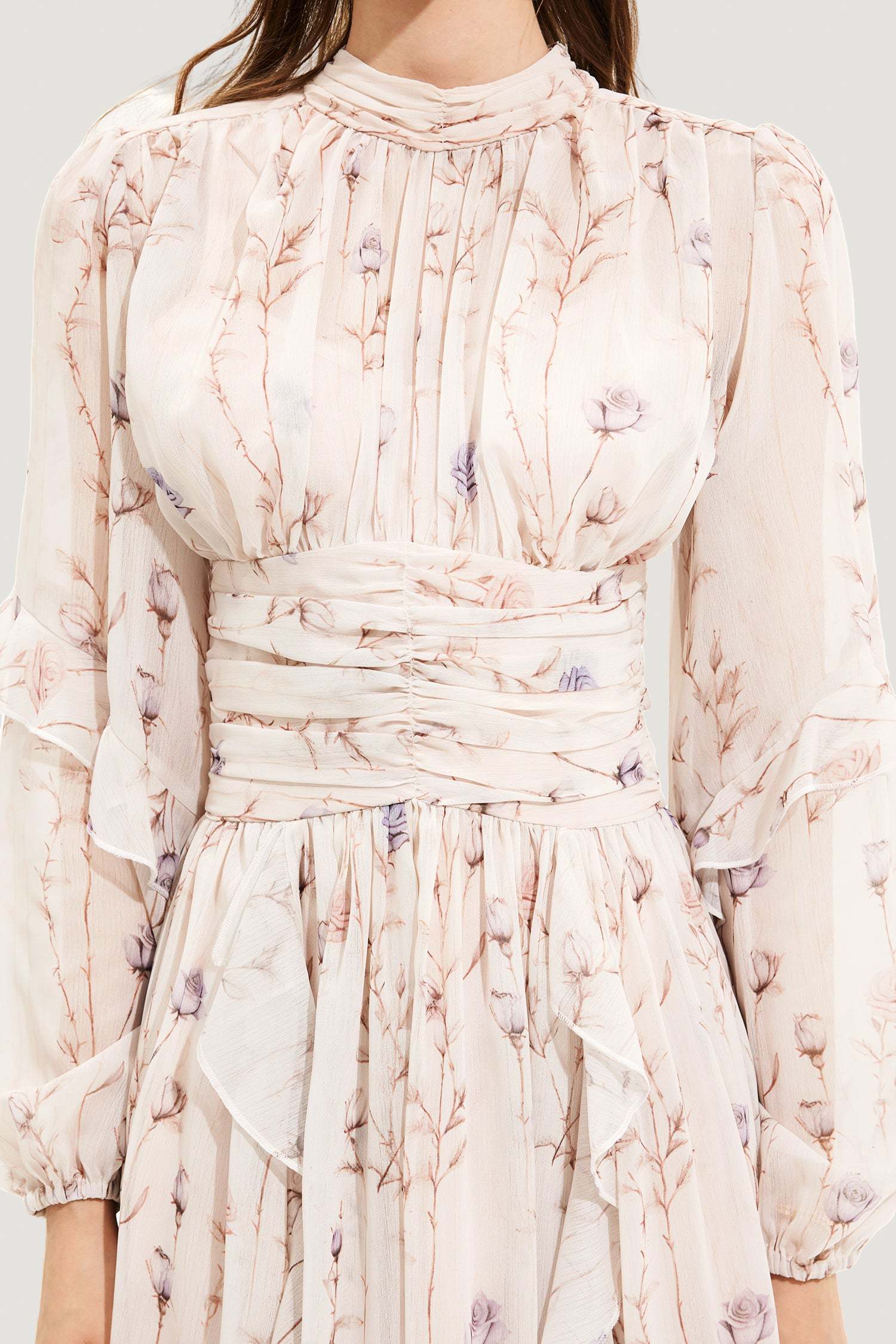 Floral Round Neck Puff Sleeve Midi Dress