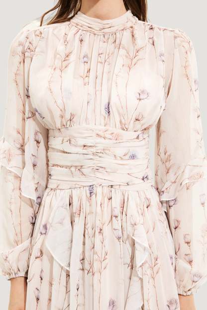 Floral Round Neck Puff Sleeve Midi Dress