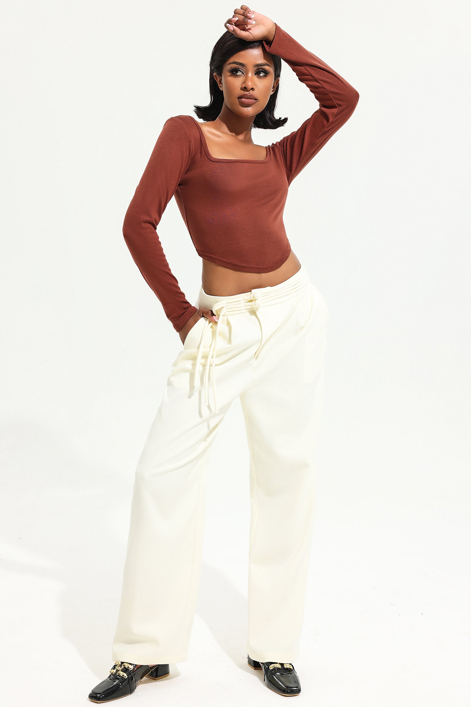 Square Collar Solid Long Sleeve Knitted Top