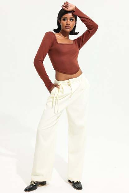 Square Collar Solid Long Sleeve Knitted Top