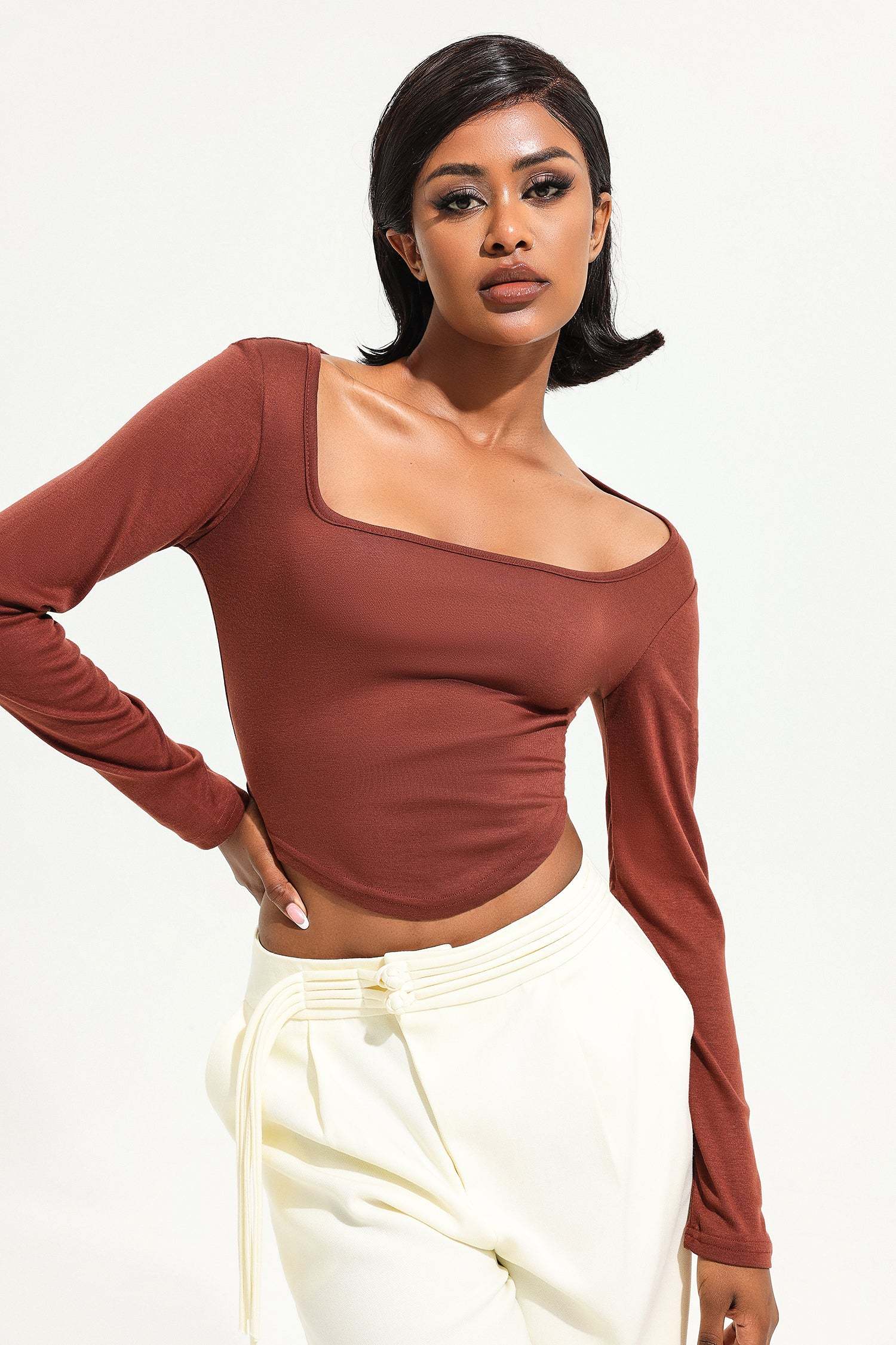 Square Collar Solid Long Sleeve Knitted Top