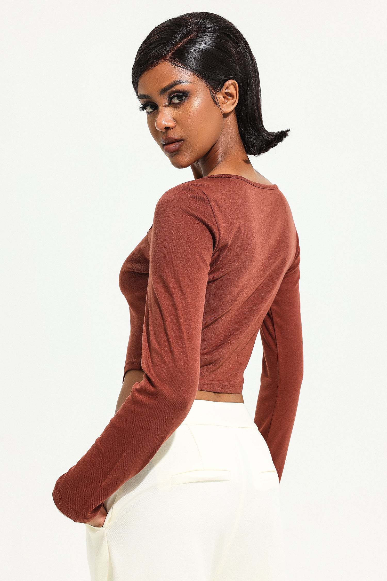 Square Collar Solid Long Sleeve Knitted Top