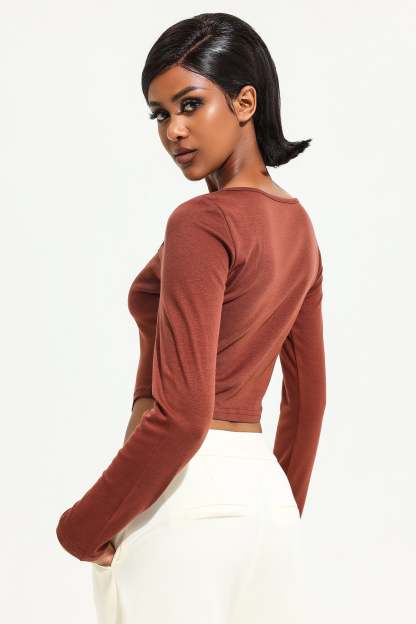 Square Collar Solid Long Sleeve Knitted Top