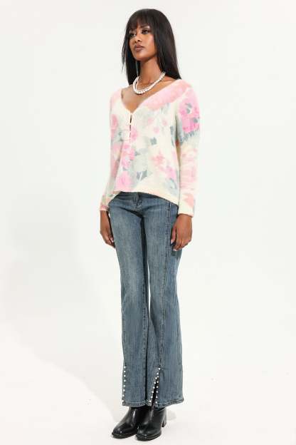 Knit V-Neck Floral Cardigan