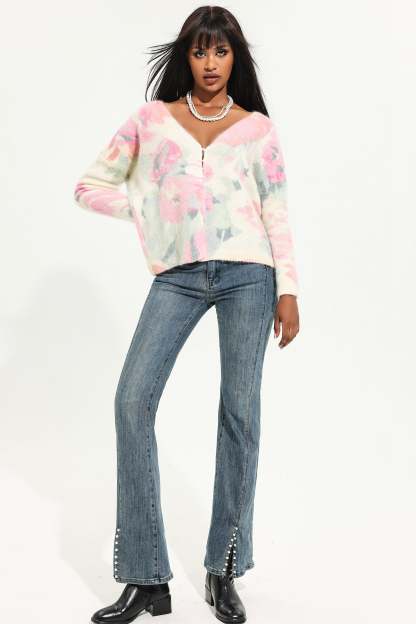 Knit V-Neck Floral Cardigan