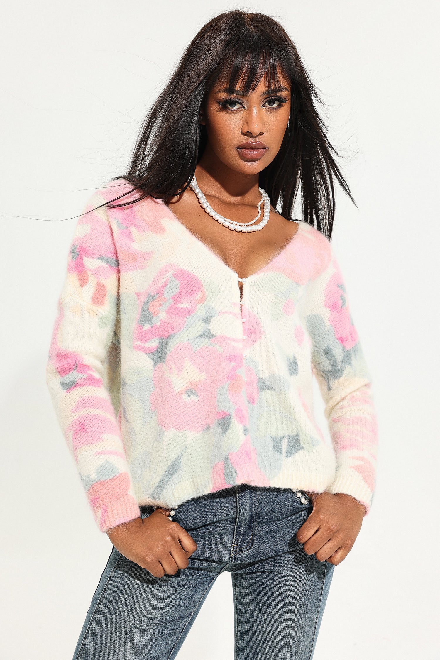 Knit V-Neck Floral Cardigan