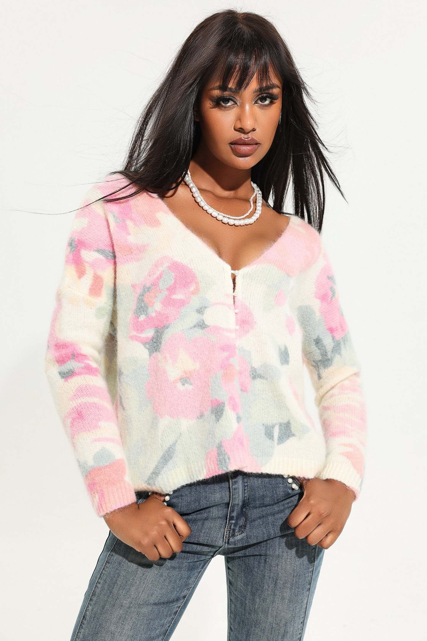 Knit V-Neck Floral Cardigan