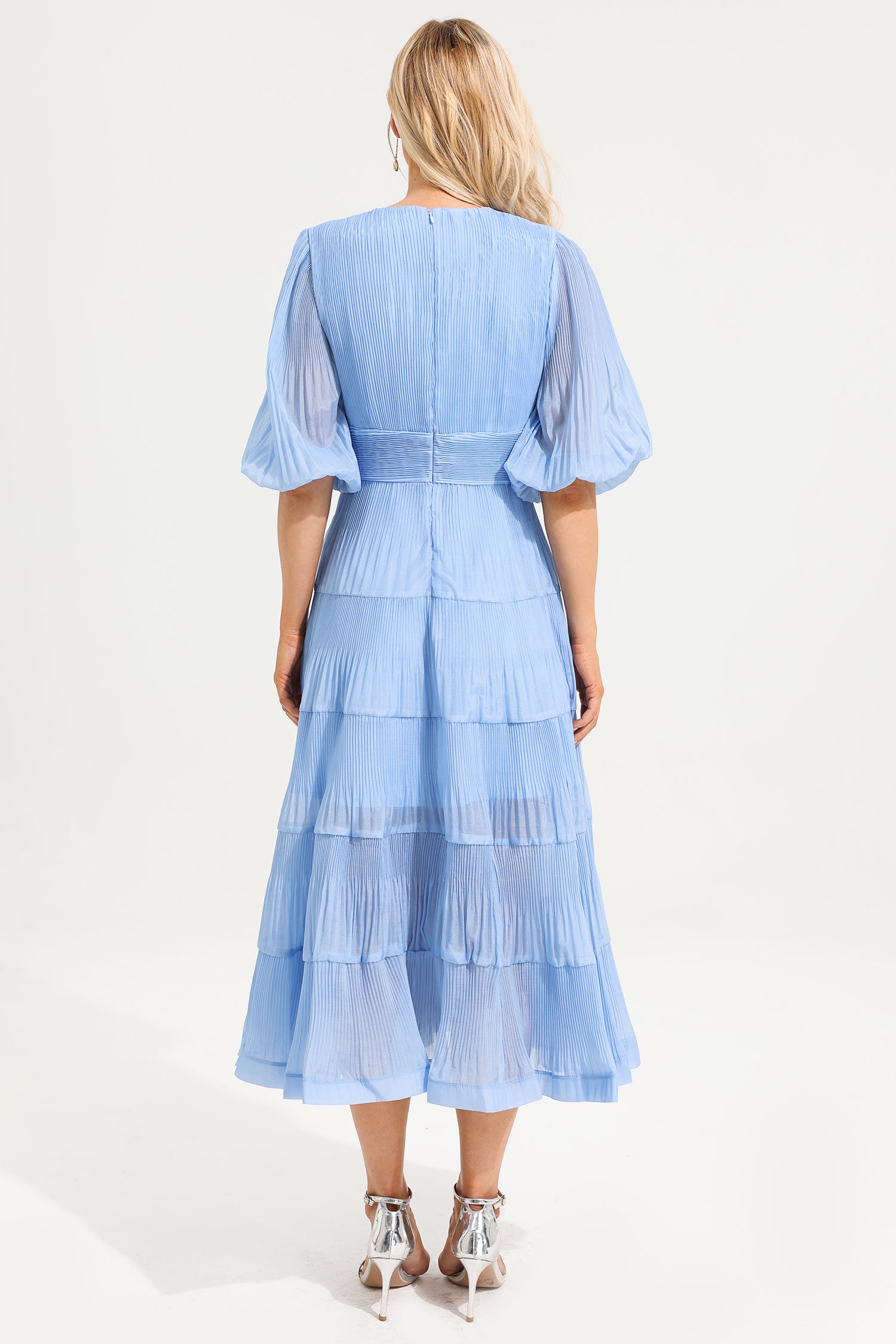 V- Neck Puff Sleeve Pleated Midi Dress