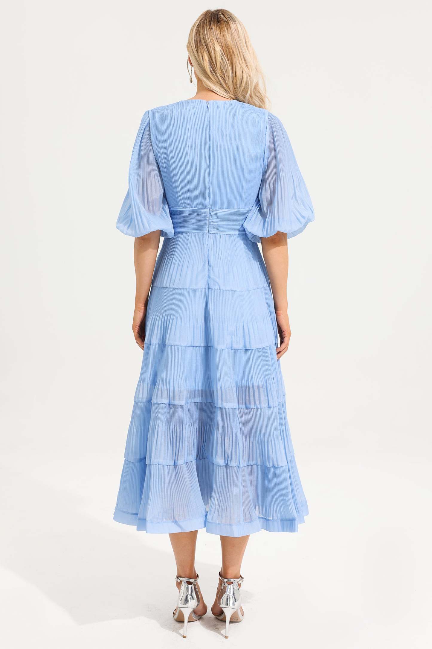 V- Neck Puff Sleeve Pleated Midi Dress