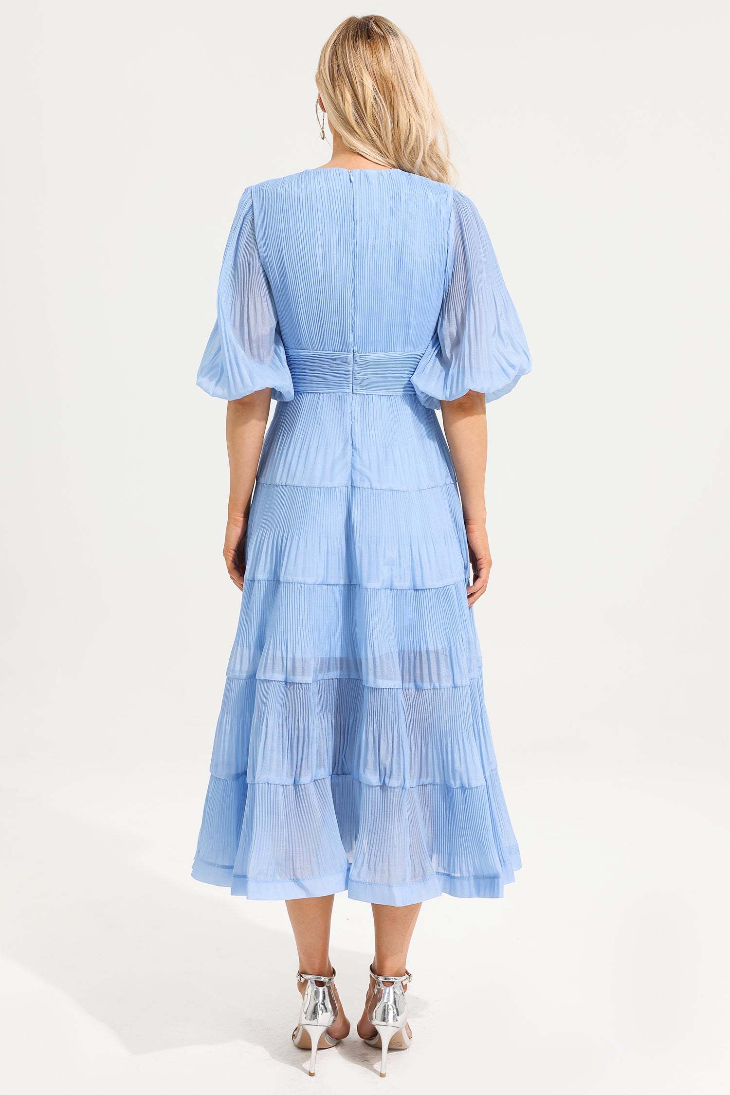 V- Neck Puff Sleeve Pleated Midi Dress