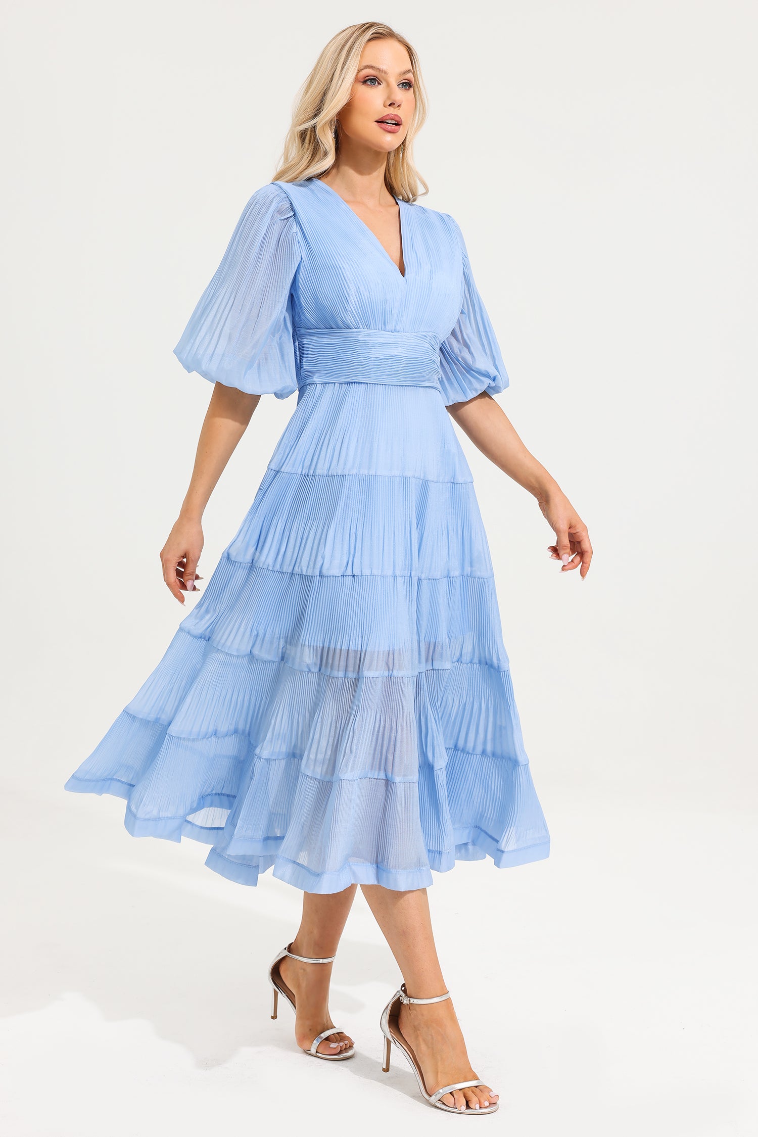 V- Neck Puff Sleeve Pleated Midi Dress