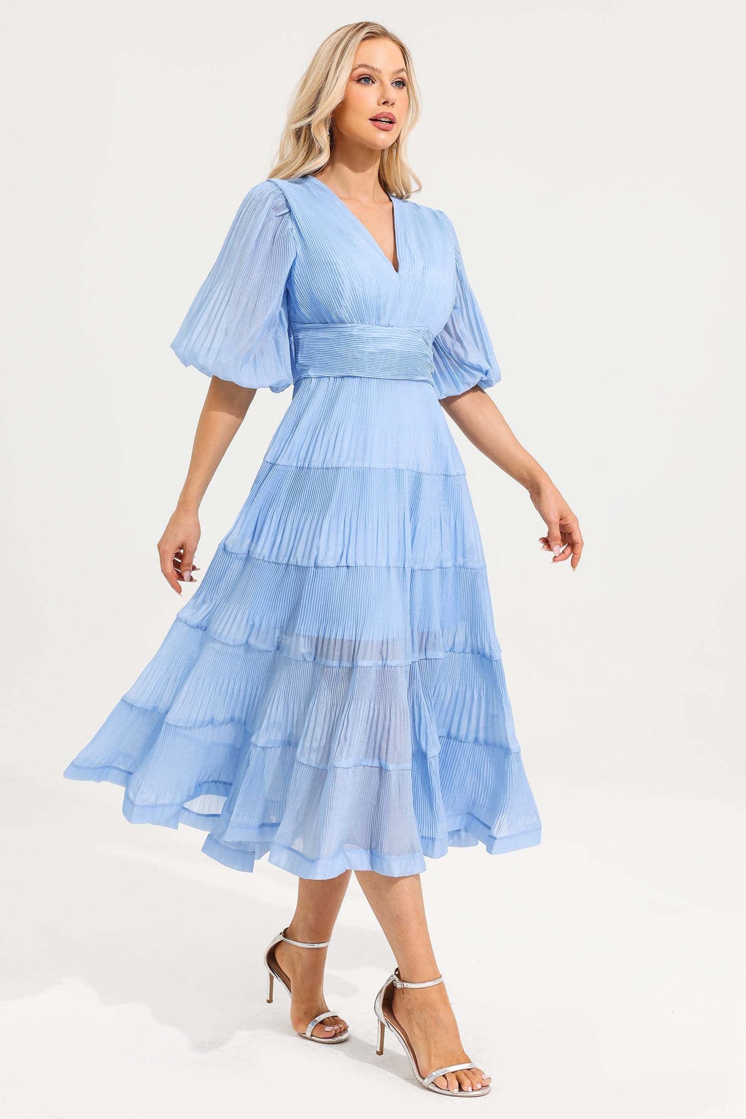 V- Neck Puff Sleeve Pleated Midi Dress