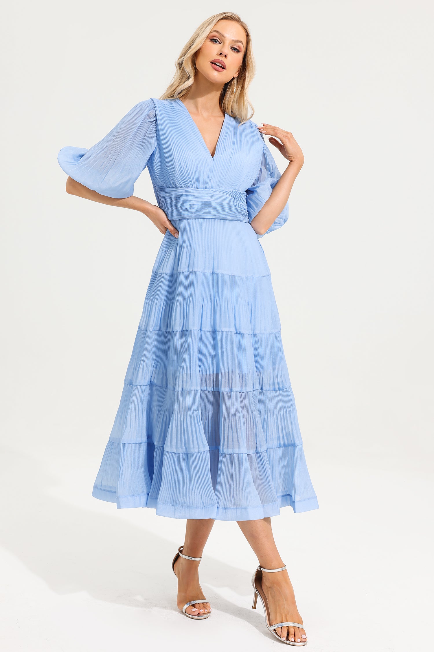 V- Neck Puff Sleeve Pleated Midi Dress