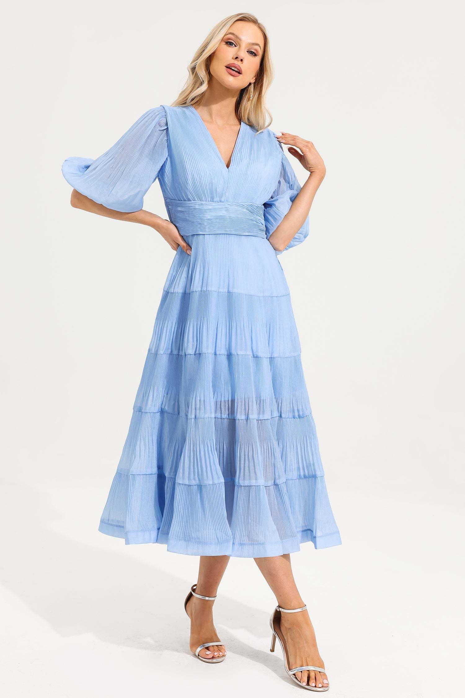 V- Neck Puff Sleeve Pleated Midi Dress