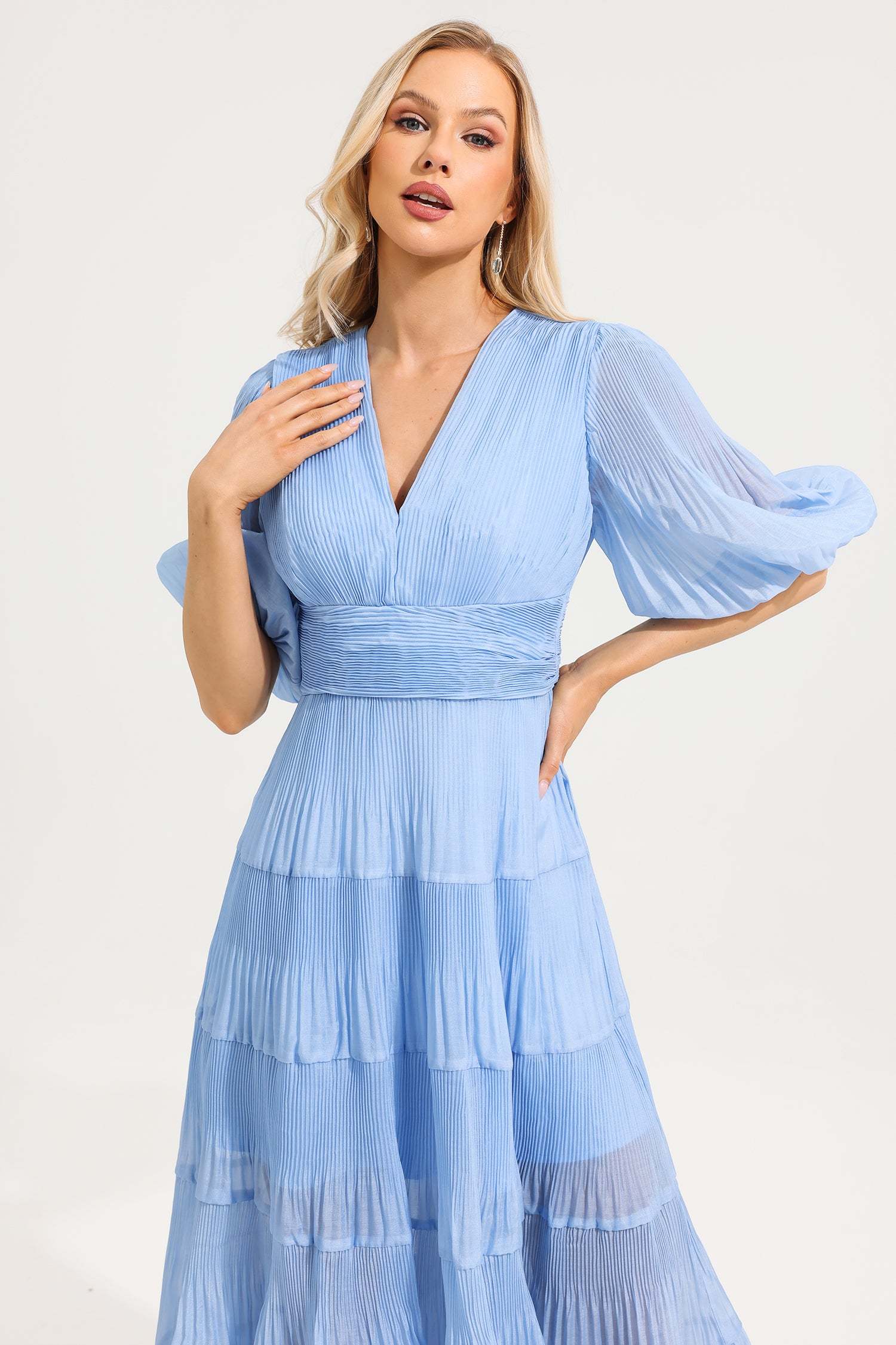 V- Neck Puff Sleeve Pleated Midi Dress
