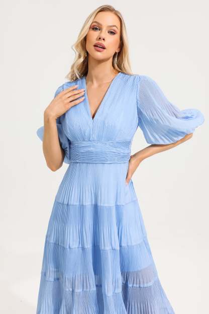 V- Neck Puff Sleeve Pleated Midi Dress