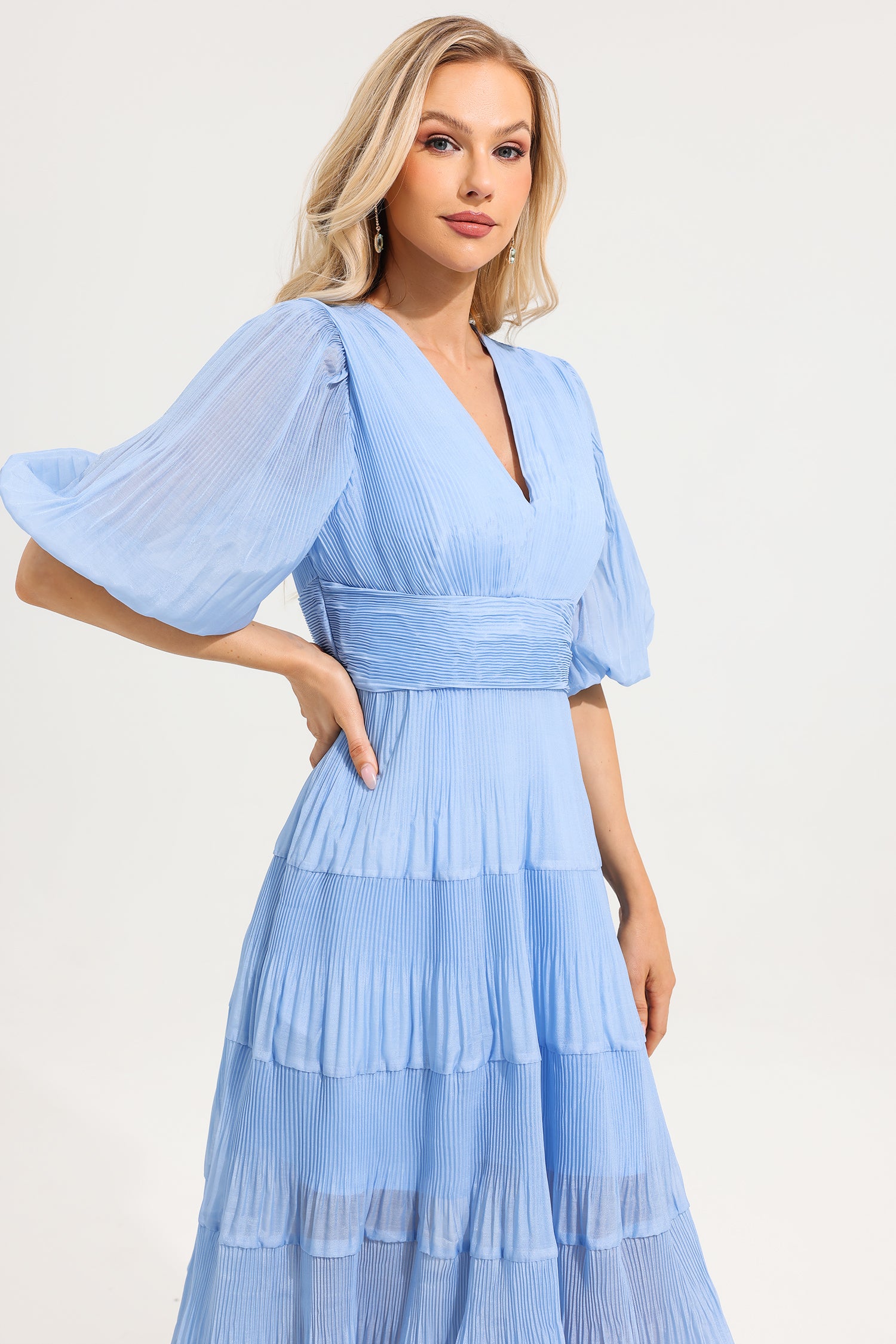 V- Neck Puff Sleeve Pleated Midi Dress