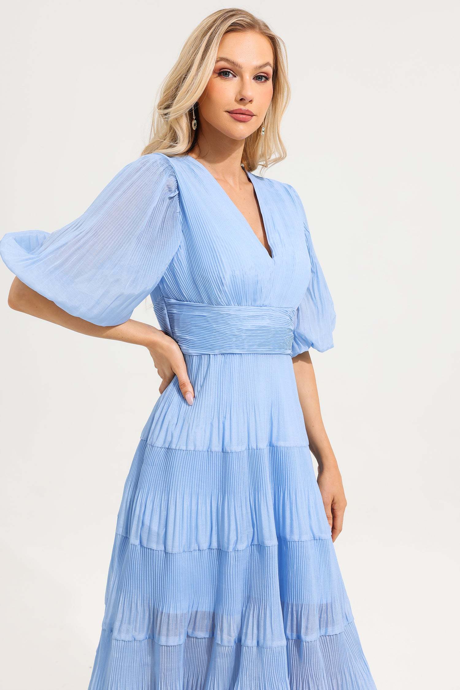 V- Neck Puff Sleeve Pleated Midi Dress