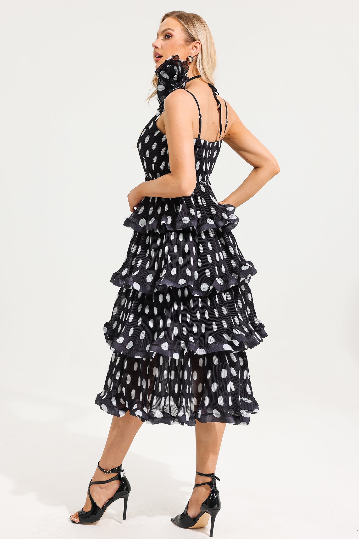 Polka Dot Ruffle Tiered Midi Dress With 3D Flower Choker