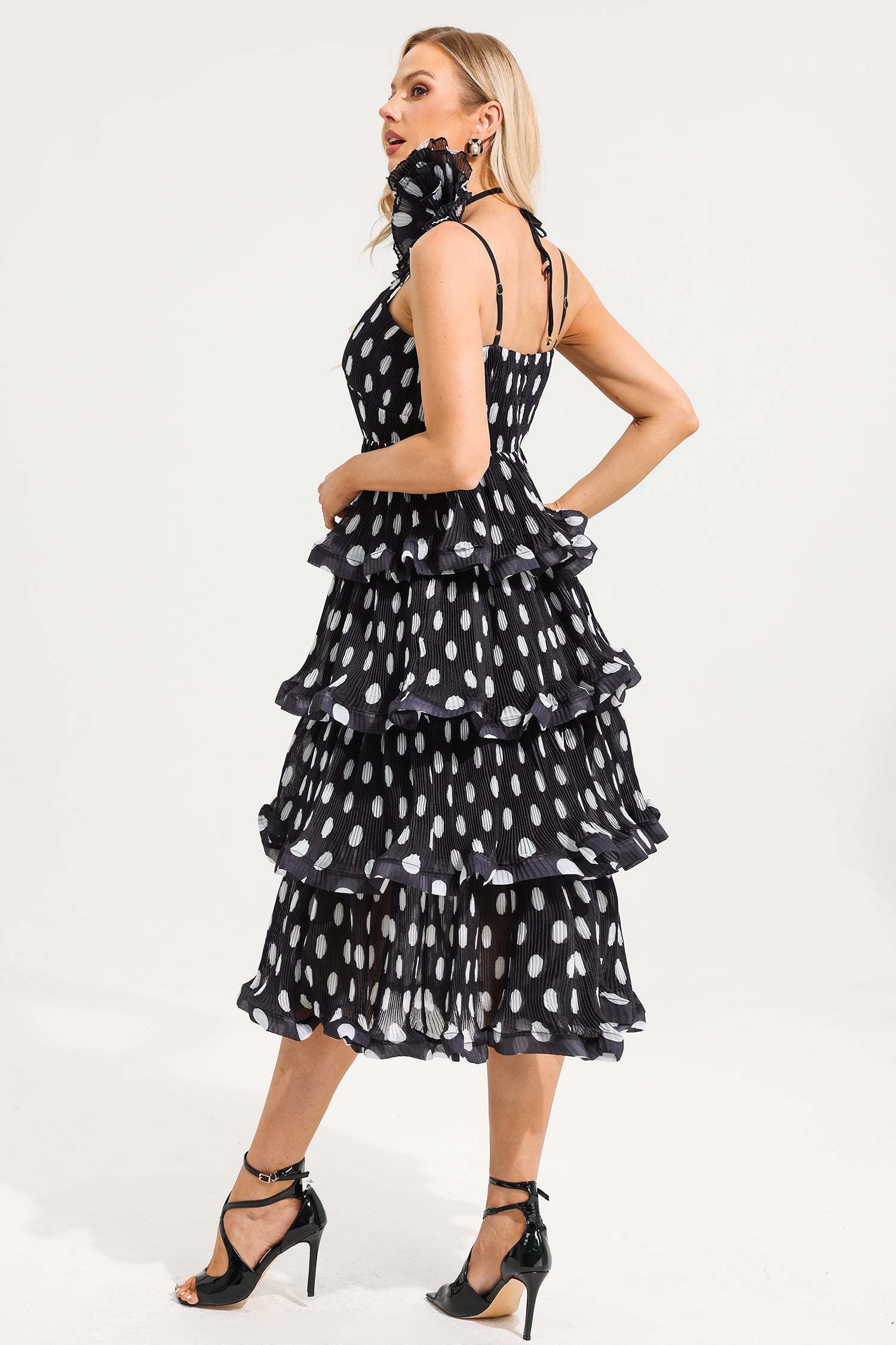 Polka Dot Ruffle Tiered Midi Dress With 3D Flower Choker
