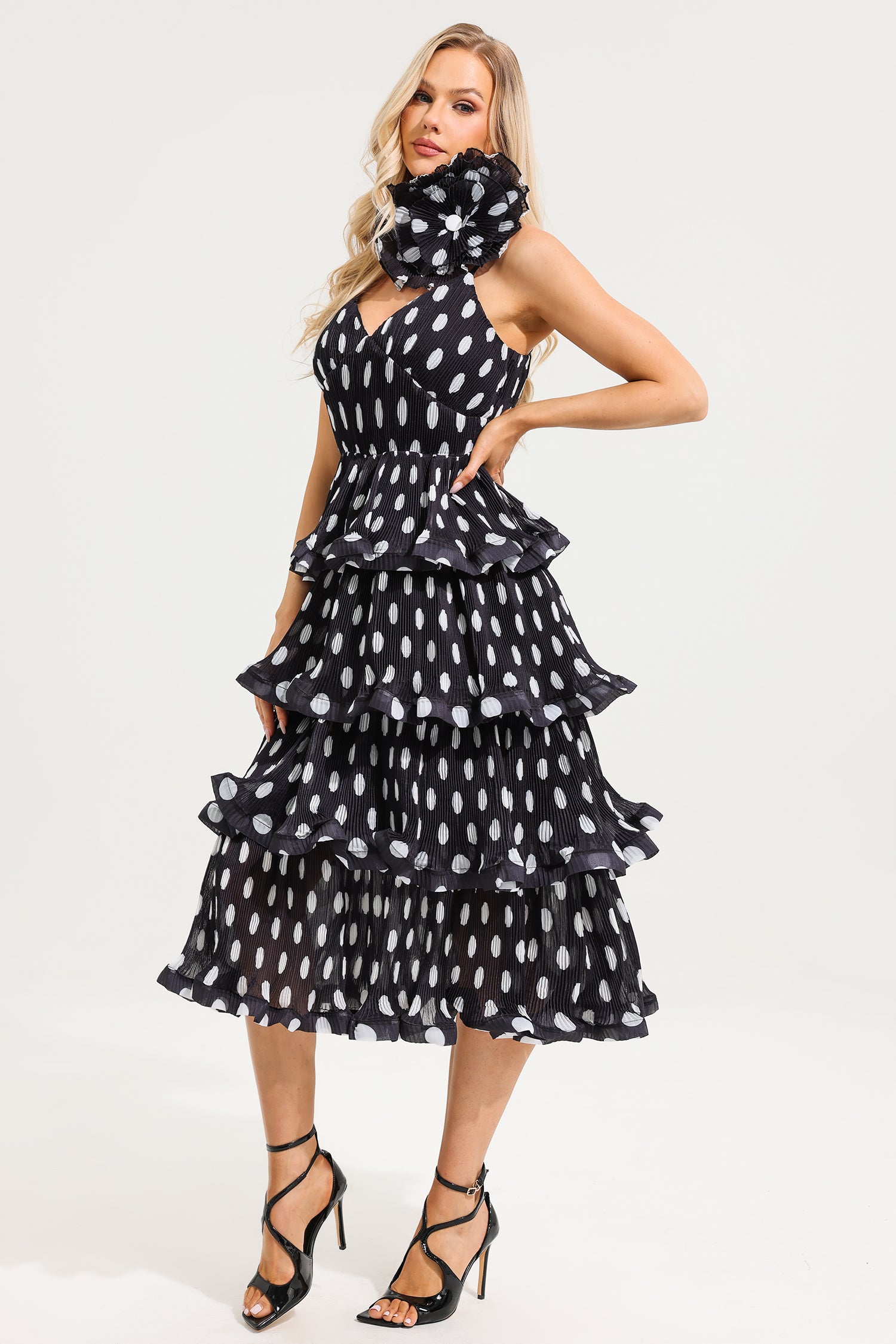 Polka Dot Ruffle Tiered Midi Dress With 3D Flower Choker