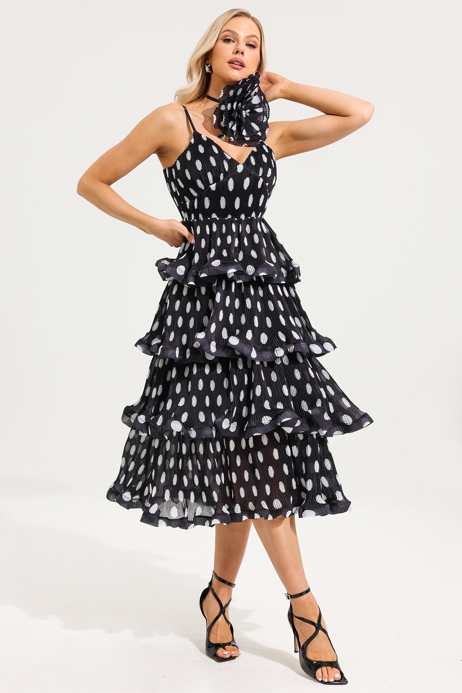 Polka Dot Ruffle Tiered Midi Dress With 3D Flower Choker