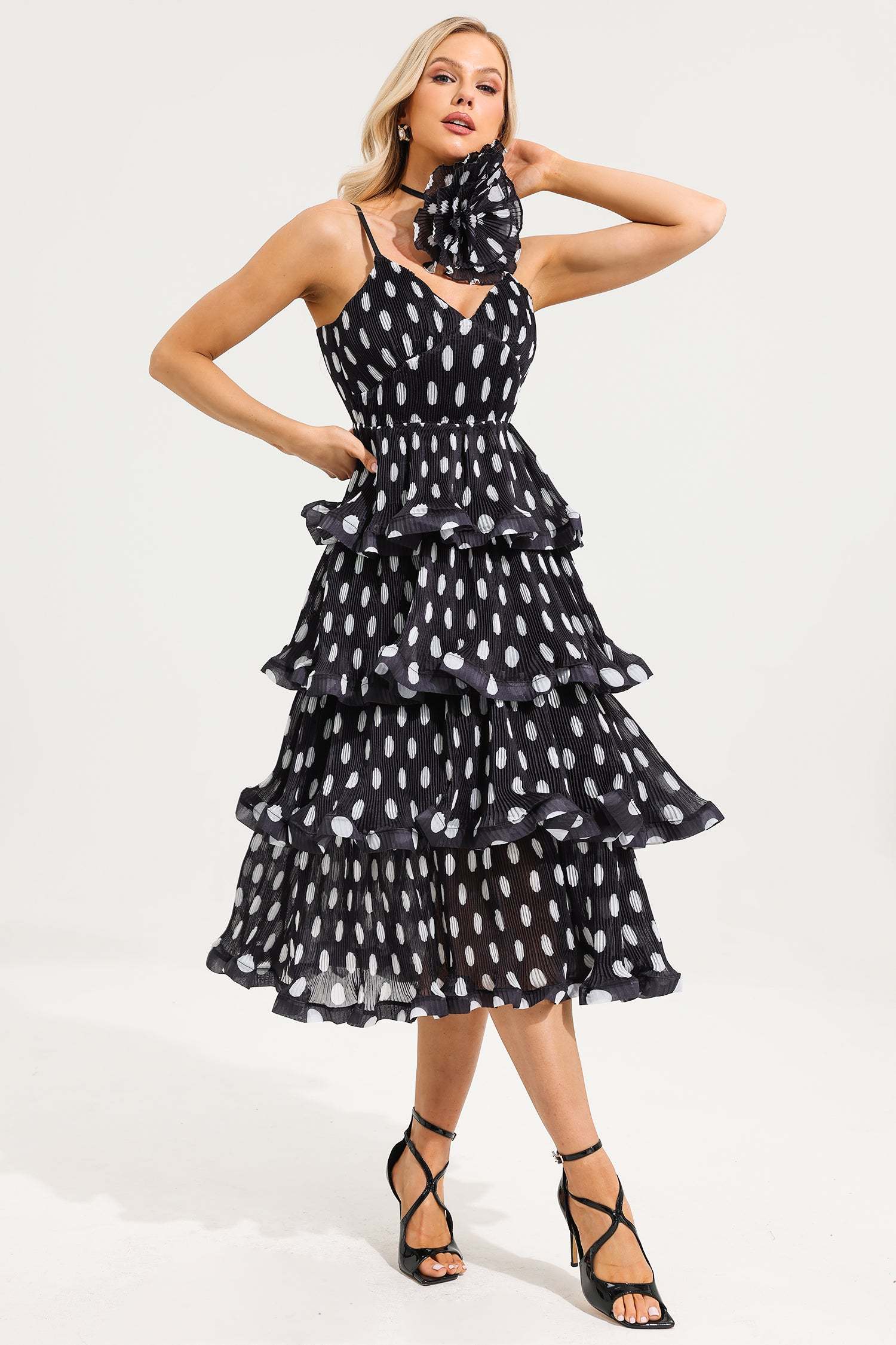 Polka Dot Ruffle Tiered Midi Dress With 3D Flower Choker