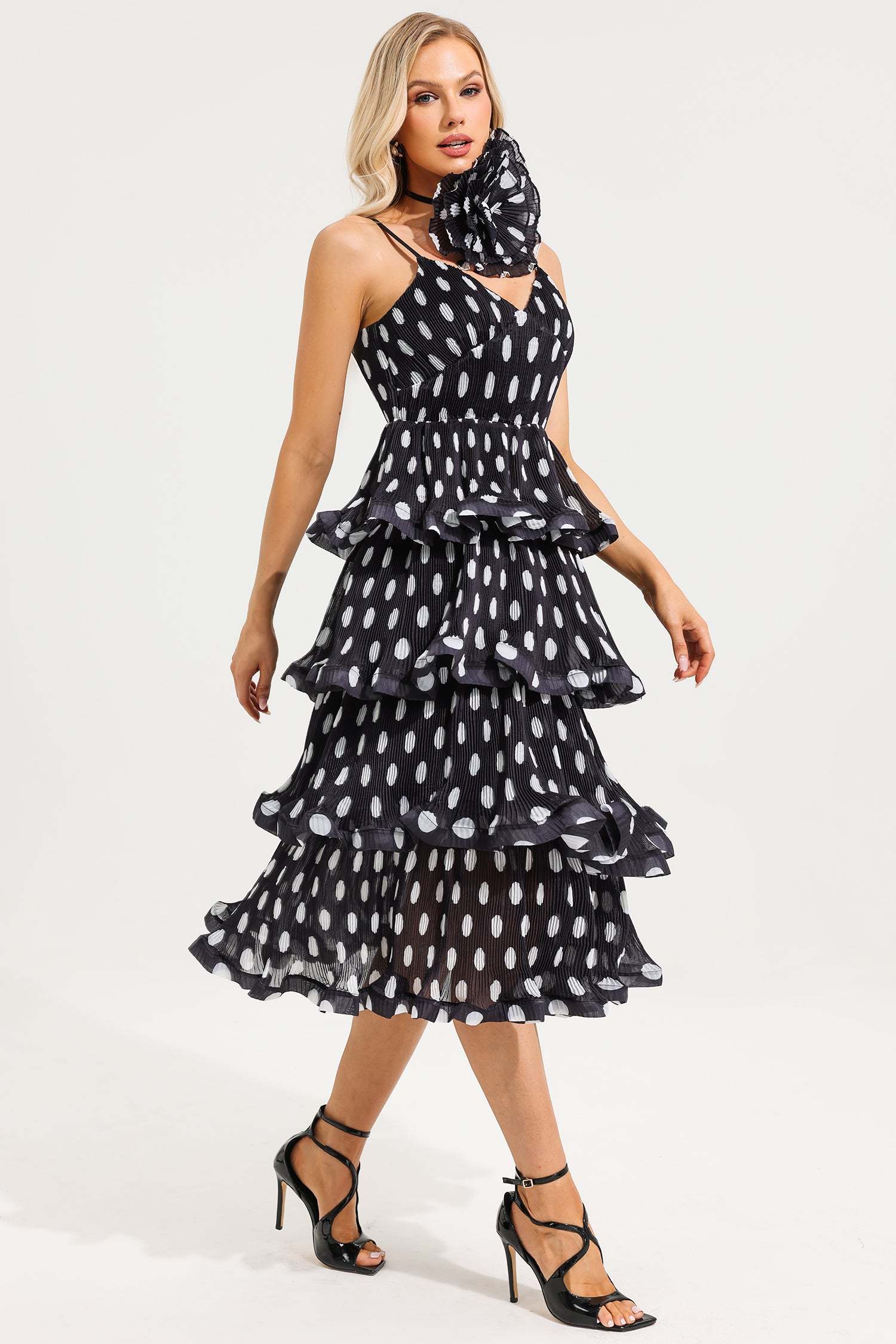 Polka Dot Ruffle Tiered Midi Dress With 3D Flower Choker