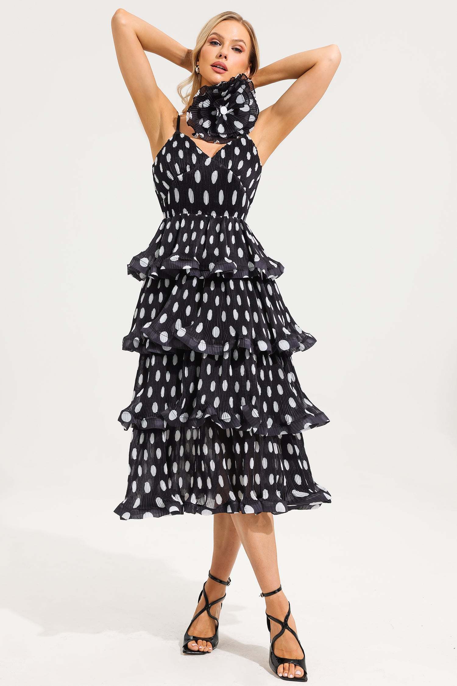 Polka Dot Ruffle Tiered Midi Dress With 3D Flower Choker