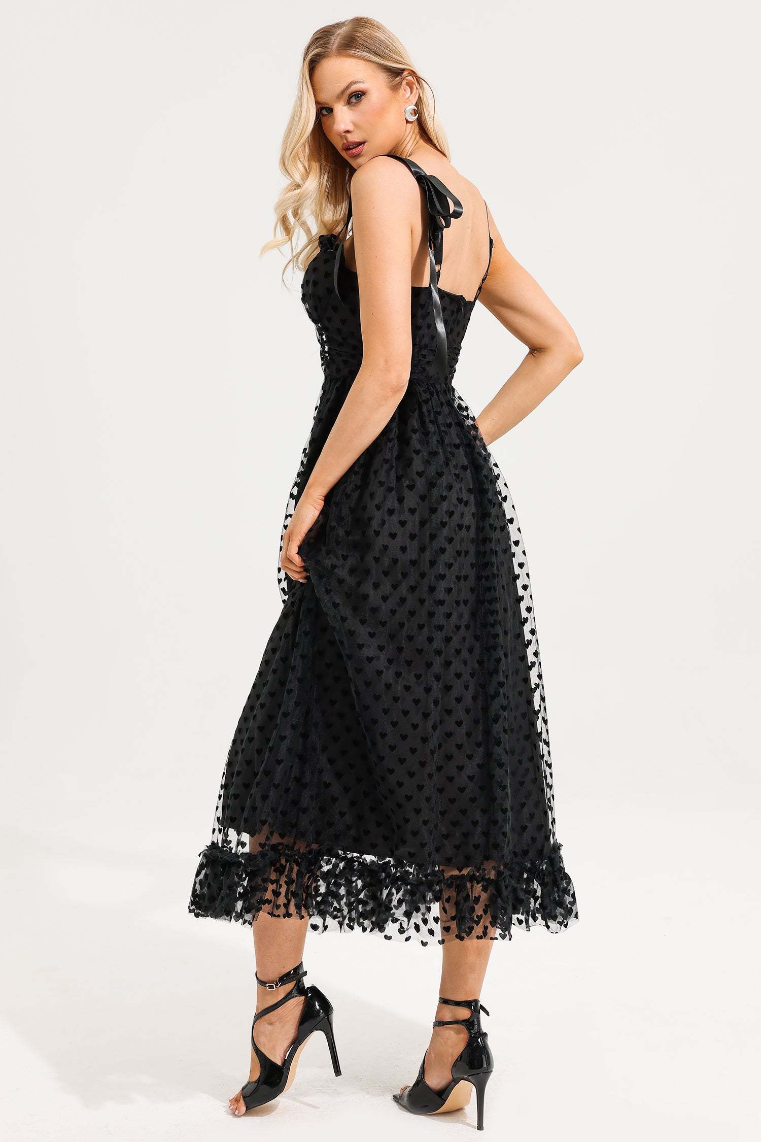 Heart Print Mesh Ruffle Tiered Dress