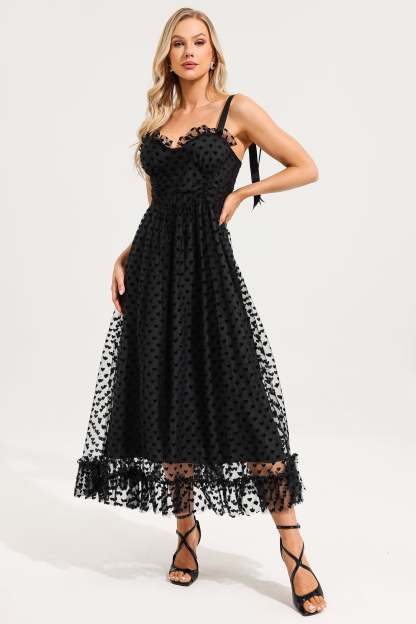 Heart Print Mesh Ruffle Tiered Dress
