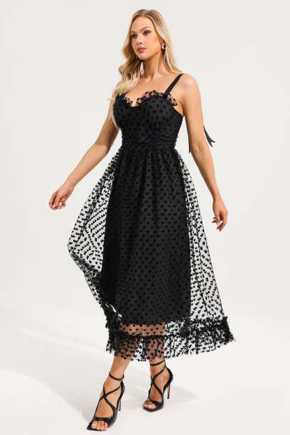 Heart Print Mesh Ruffle Tiered Dress