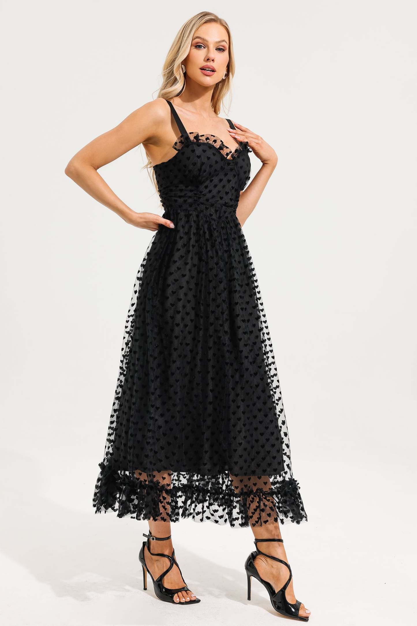 Heart Print Mesh Ruffle Tiered Dress