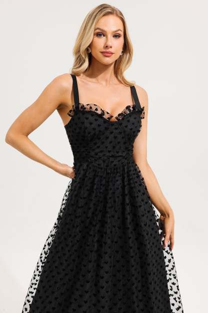 Heart Print Mesh Ruffle Tiered Dress